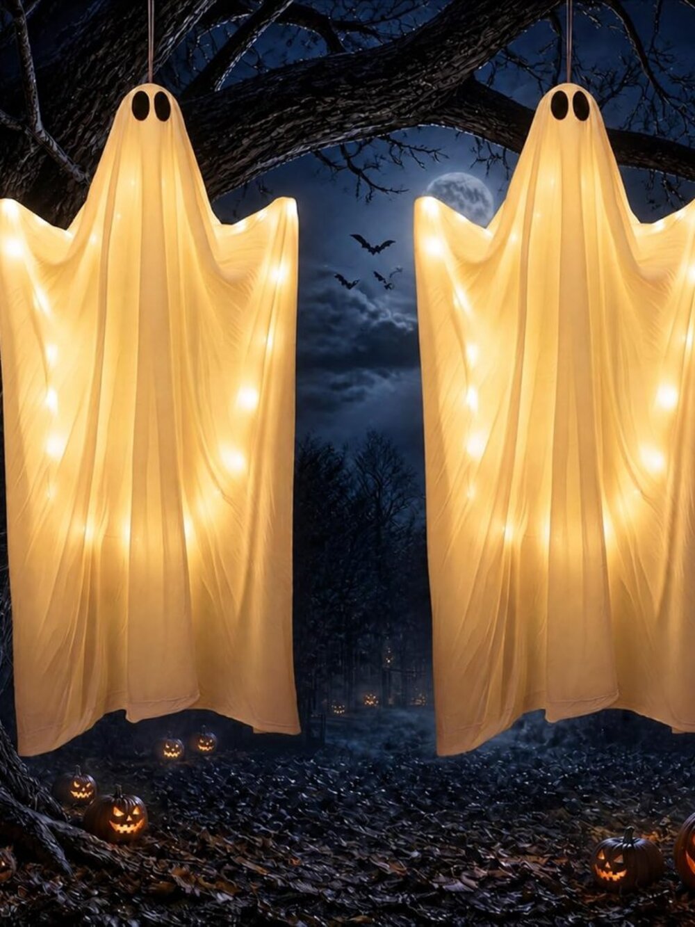 2 Pack 47" Halloween Hanging Ghost Decor with Warm LED Lights
